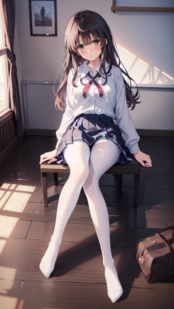 (8K、Best image quality、Highest quality、masterpiece)、One tall girl、((Full body))、Sit on the floor with your legs spread apart、White panties are visible、Long Hair、Wavy Hair、blush、Moderate bust、White collared shirt、Short sleeve、((Plaid pleated mini skirt))、Classroom Background、((black tights))、Black Pantyhose、((No shoes))