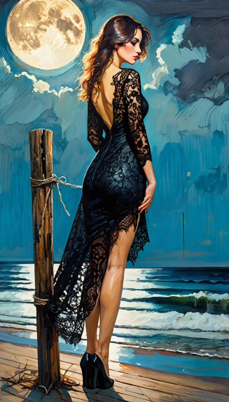 a dejected sexy woman, black lace dress, leans on a wooden post, beautiful landscape with sea and moon (art inspired by Bill Sienkiewicz, intricate details, oil painting)
