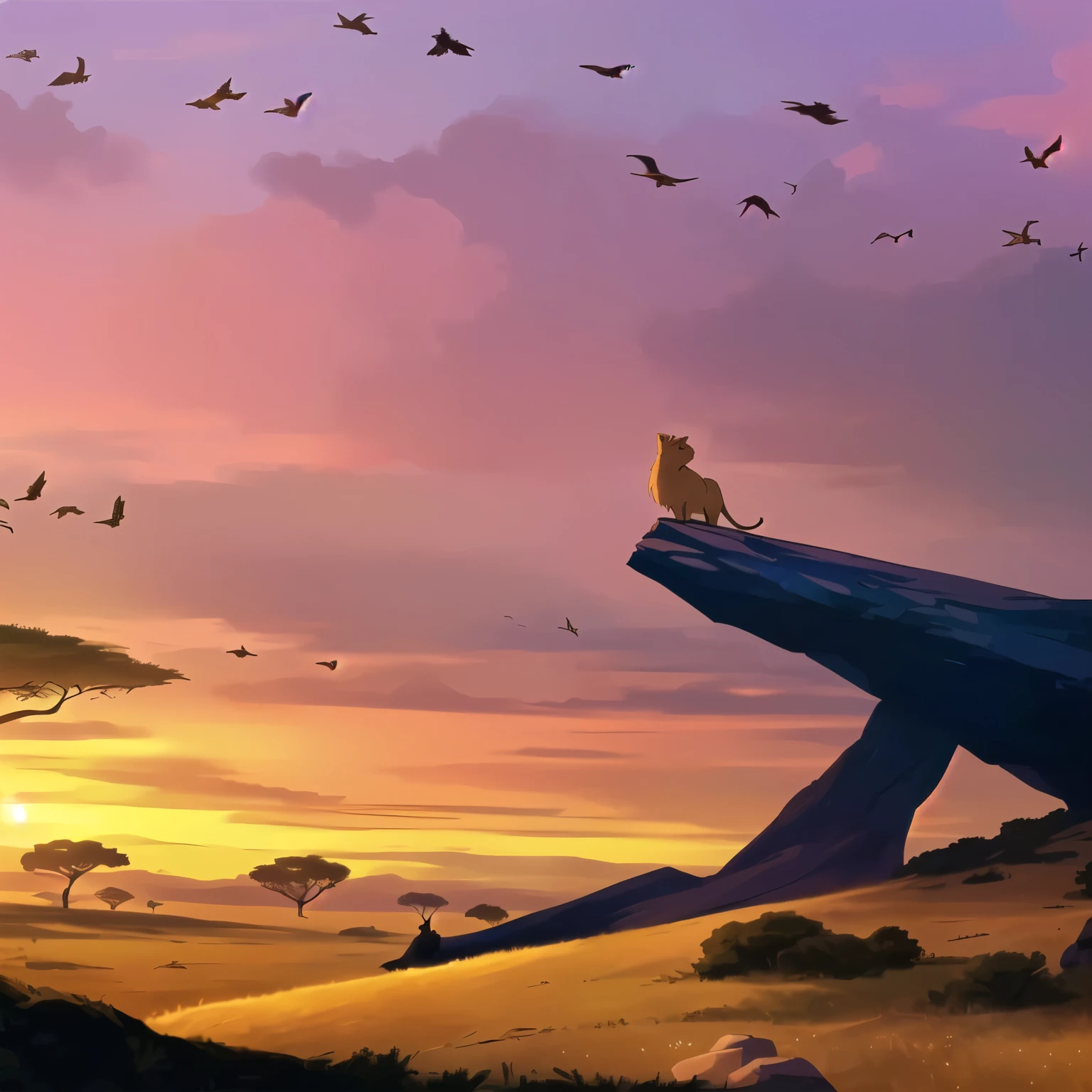 Araffe sitting on a rock in the middle of a field with birds flying, The Lion King, amazing wallpaper, beautiful conceptual artwork, Magnificent background, high-quality wallpaper, Beautiful wallpaper, splendid! conceptual artwork, 4k hd illustrative wallpaper, disney conceptual artwork, savannah background, At the sunset, visually splendid scene, african savannah, trending on conceptual artwork