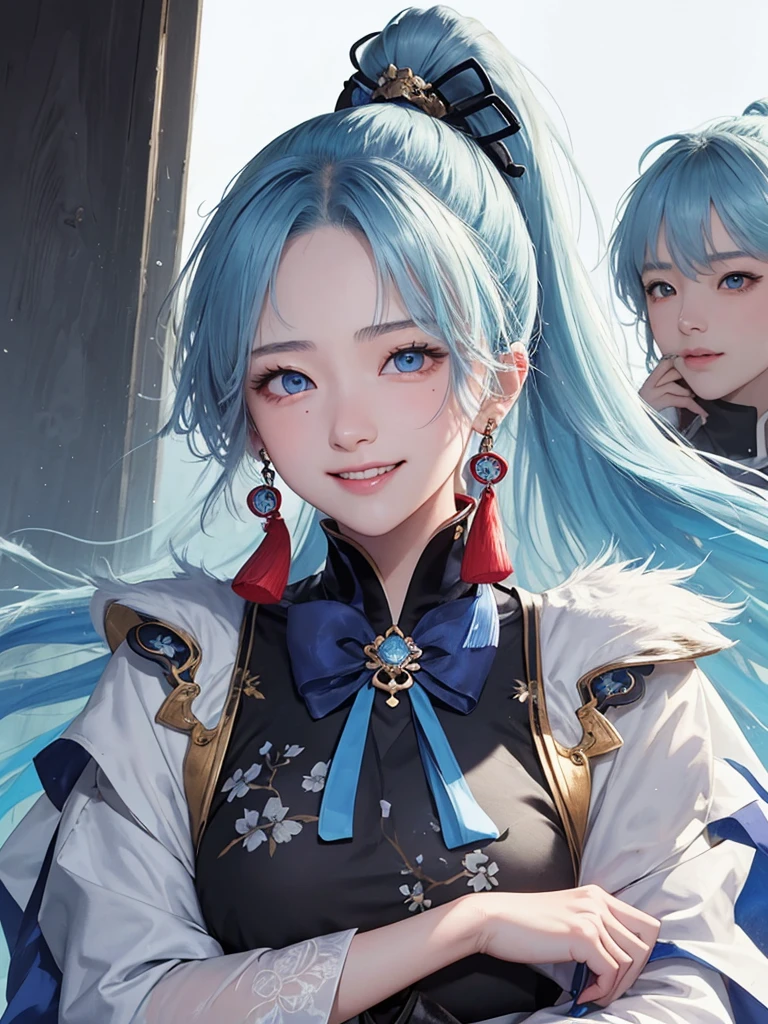 (masterpiece), (Best quality), (ultra detailed),(wild hair),(illustration), (1 girl), standing, smiling, beautiful detailed eyes, Light blue eyes, Detailed beautiful face, (Kamisato Ayaka: 1.2), focus on the face,  ponytail, Kamisato Ayaka(Genshin&#39;s influence), light blue hair, detailed hair, bang, better lighting, best shadow, very detailed, bright