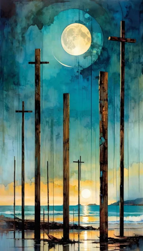 We see through eight wooden posts that cross the image laterally, a beautiful landscape with sea and moon (art inspired by Bill ...
