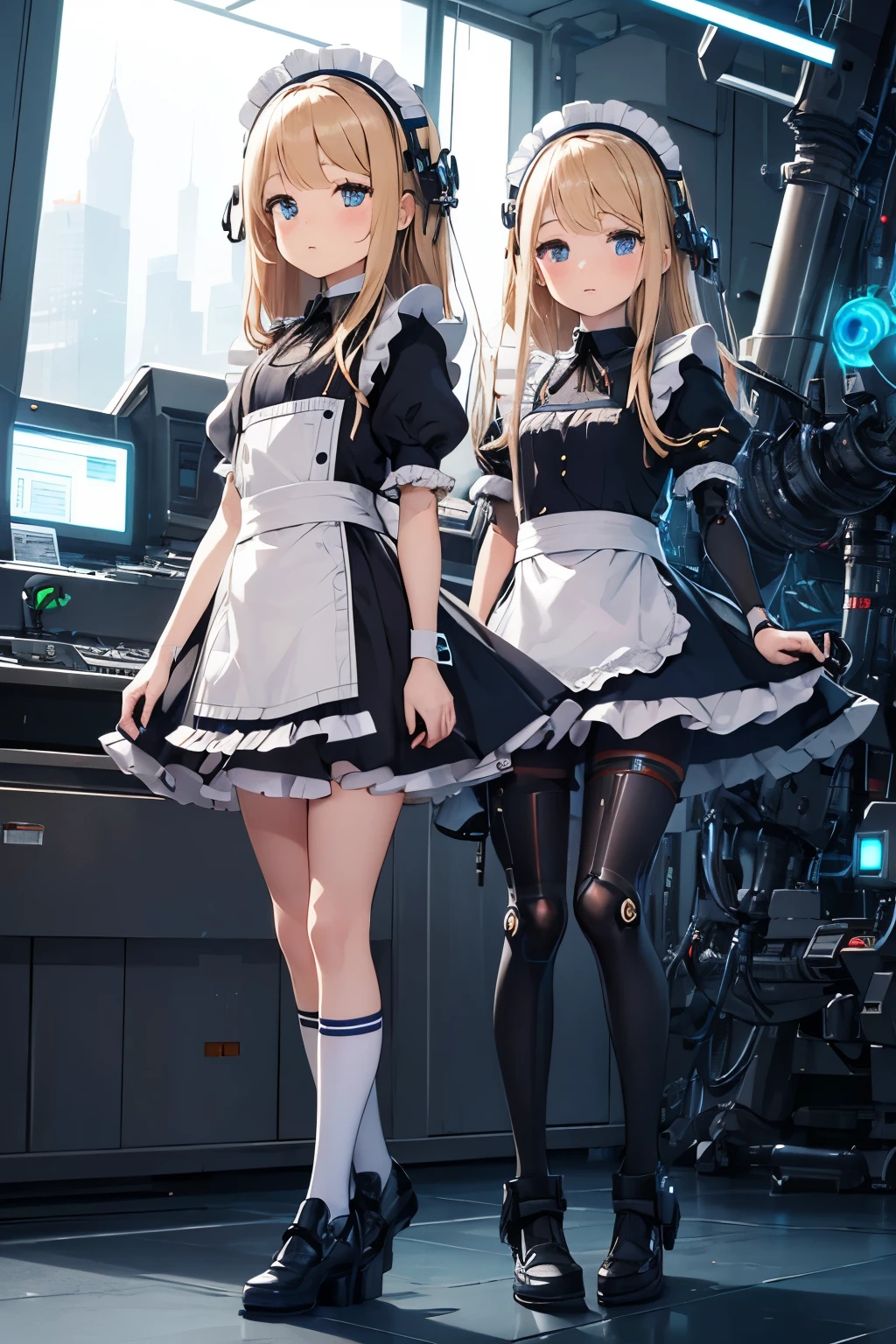   girl ,girl 12 year old  , mechanical face , futuristic maid dress ,flat  chest ,long blonde hair frinje ,(loli body), mechanic-headband, blue leds ,blue  light auréola,   quality, 8k ,maid uniform , Cyborg arms. Mechanical Limbs Metal,  Mechanical legs .Power cablles conected in machine. Circuitos. 