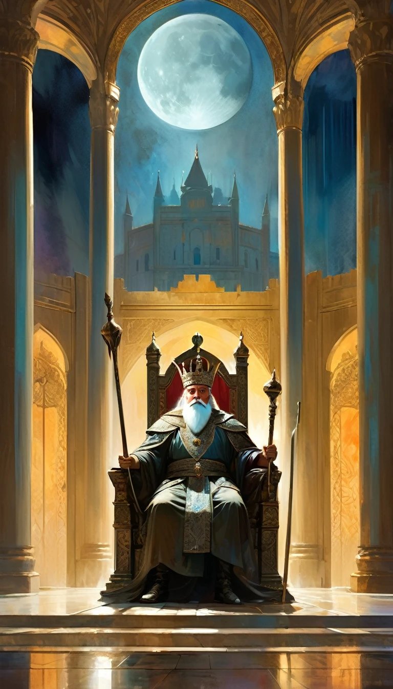 Charismatic and attractive king sitting on his throne, great hall of the palace, carrying a wooden pole in one hand, we see through the moonlit window, large landscape (art inspired by Bill Sienkiewicz, intricate details, oil painting)
