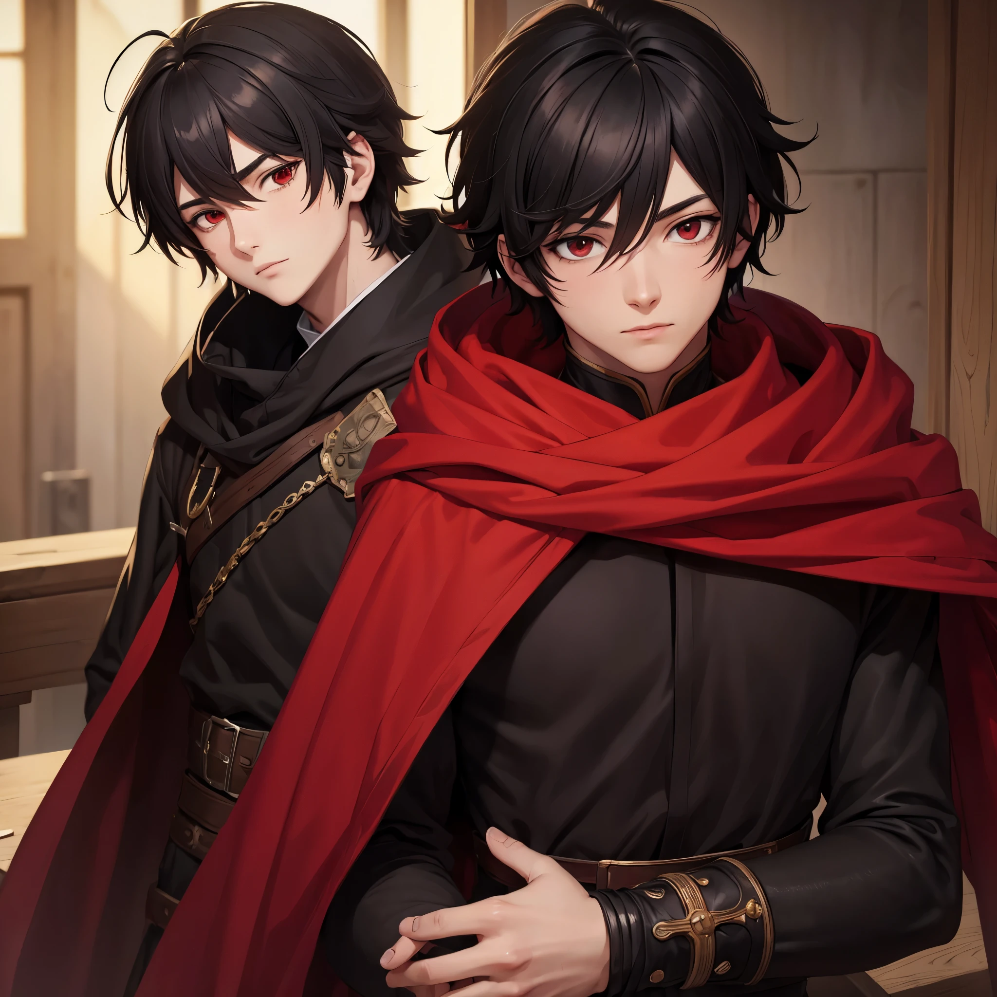 (Masterpiece artwork, best qualityer: 1.2) alone, Anime boy, black hair , red eyes , medieval clothe
