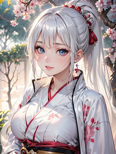 a 20 age, beautiful chubby girl, your face has strong pink makeup, wearing a white and red long and closed kimono, silver blue e...