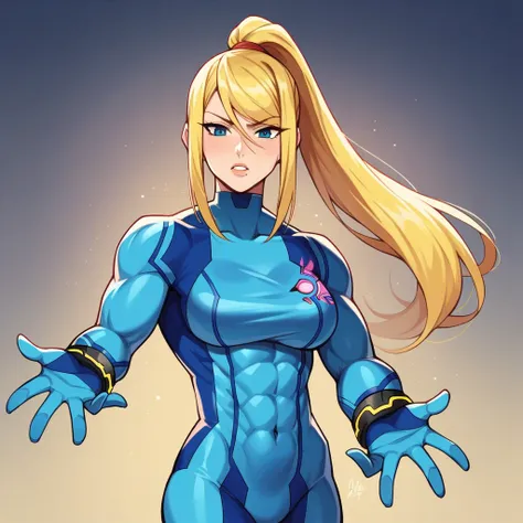 masterpiece, best quality, 1girl, (neoartcore:0.25), high quality cg defsamus, blonde hair, bodysuit, blue clothes, blue gloves,...