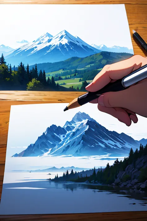 hand drawing a landscape on a sheet of paper