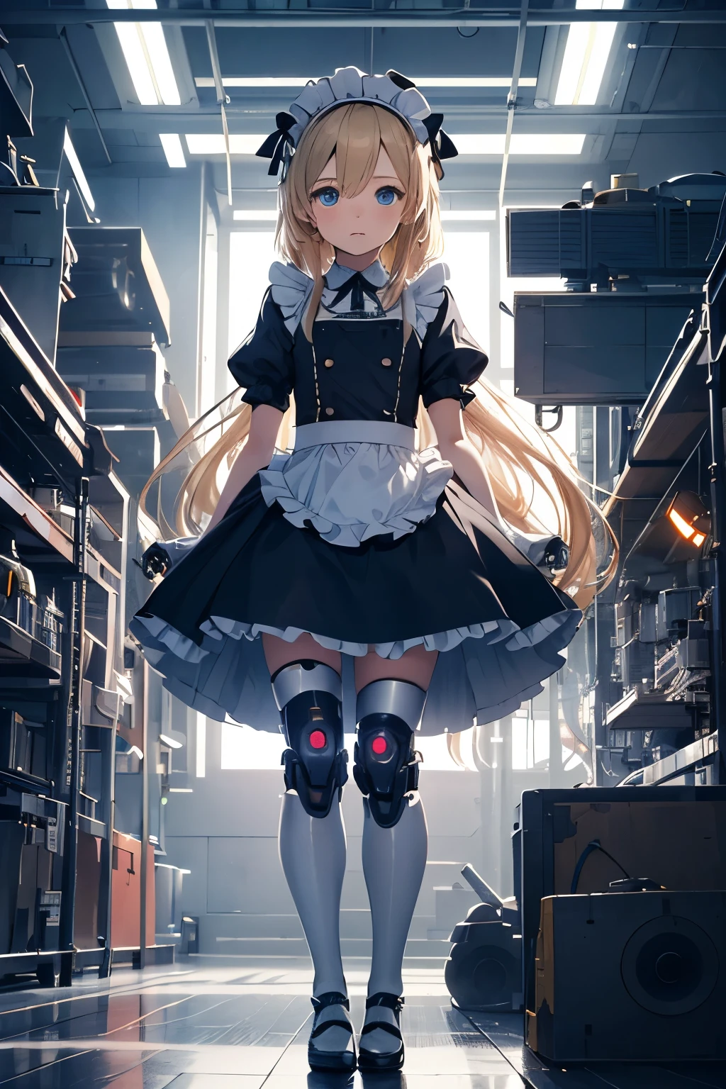   girl ,girl 12 year old  , mechanical face , futuristic maid dress ,flat  chest ,long blonde hair frinje ,(loli body), mechanic-headband, blue leds ,blue  light auréola,   quality, 8k ,maid uniform , Cyborg arms. Mechanical Limbs Metal,  Mechanical legs .Power cablles conected in machine. Circuitos. 