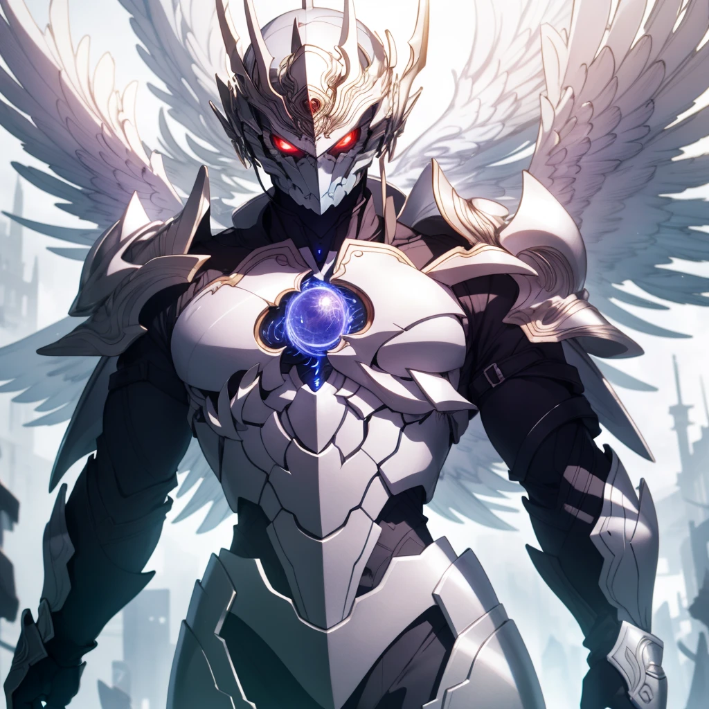 masutepiece, Highly detailed CG unified 8K wallpapers, 8K UHD, Digital SLR, High quality, clean, Best Illumination, God in white armor, one white winged, Glowing eyes, Cinematic, Ultra-high resolution, ultra high detailed, hight resolution, shadowverse style