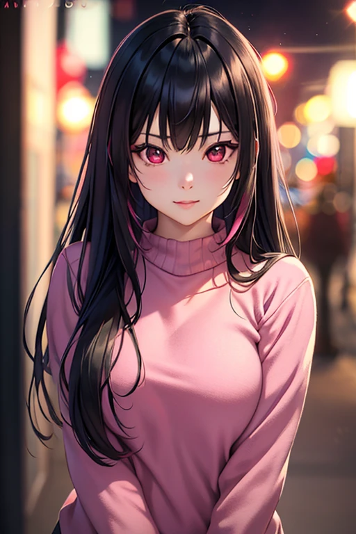 a beautiful 21 year old korean girl, vampire,long slightly waved black hair with pink highlights, sharp rosy eyes, playful smile with fangs, anime realism style, portrait, black and pink sweater (best quality,4k,8k,highres,masterpiece:1.2),ultra-detailed,(realistic,photorealistic,photo-realistic:1.37),HDR,vivid colors,professional,bokeh