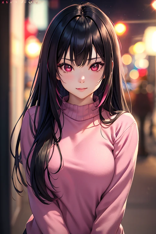 una hermosa chica coreana de 21 años, vampiro,Cabello negro largo ligeramente ondulado con reflejos rosados., ojos rosados y agudos, sonrisa juguetona con colmillos, estilo de realismo anime, Retrato, suéter negro y rosa (mejor calidad,4k,8K,alta resolución,obra maestra:1.2),ultra detallado,(Realista,photoRealista,photo-Realista:1.37),hdr,colores vívidos,Profesional,bokeh