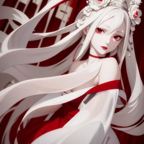 White hair,pale skin, Red eyes, red painted lips,a loose white dress.