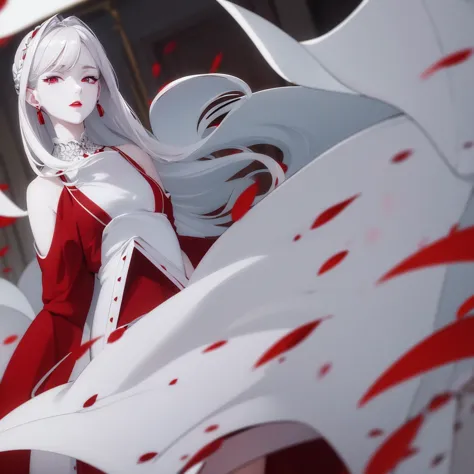 White hair,pale skin, Red eyes, red painted lips,a loose white dress.