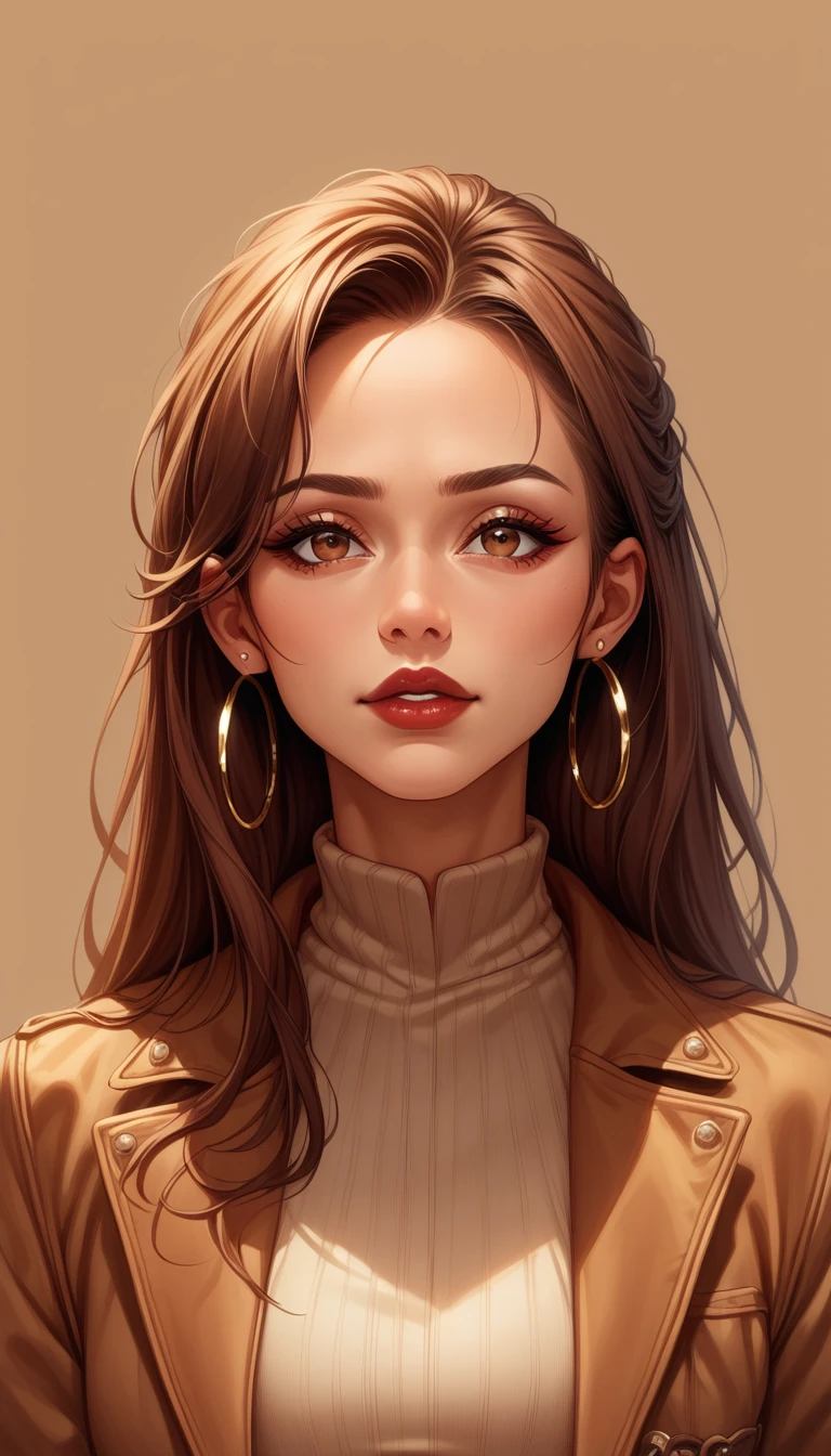 masterpiece, Highest quality, 8K, Official Art, Cinematic Light, Ultra-high resolution, Close-up photo of the face、One mature woman, Sexy mother, Earrings, Long Hair, View your viewers, hoop Earrings, Brown Hair, Brown eyes, Brown background, Jacket, Red lips、Hair pulled back tightly、