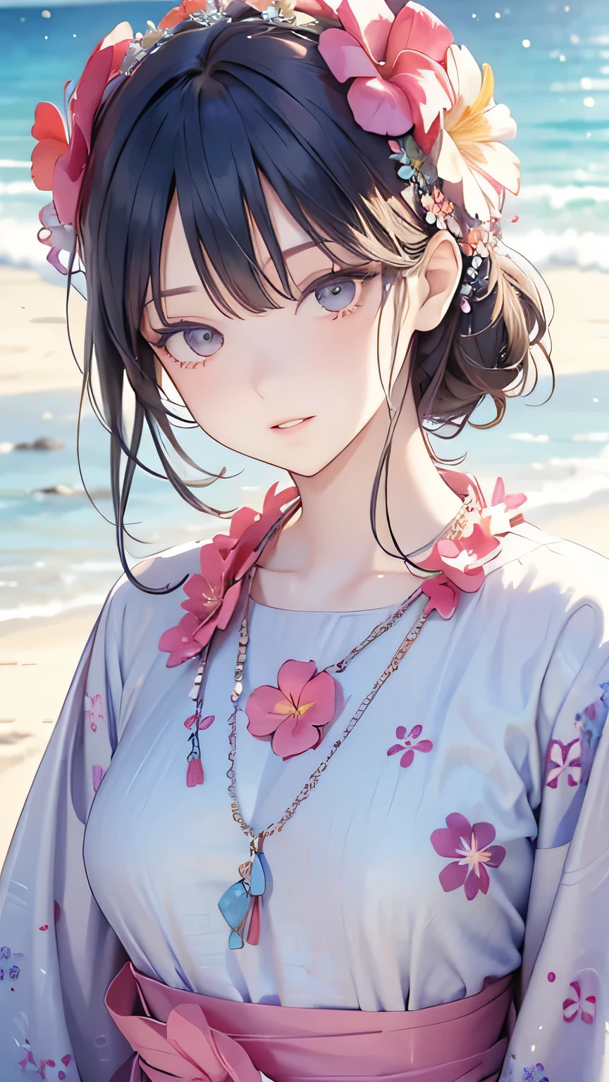 ((best quality)), ((masterpiece)), (detailed face and eyes), perfect face, Wearing a muumuu, Hawaii, flower necklace, Hawaiian dress, Hawaiian lei around neck, flower on head, at beach, mature