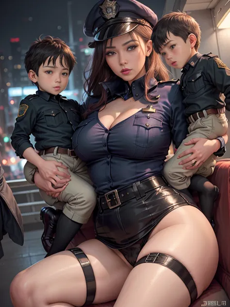 busty tall mom and son , (police uniform, policewoman with small son ),sexy mom seducing son, stockings, city lights, (gaze at t...