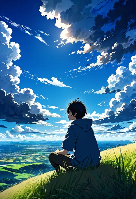 anime landscape of a boy sitting on a hill with grasses with dark blue clouds, blue cere sky with few clouds, anime nature wallp...
