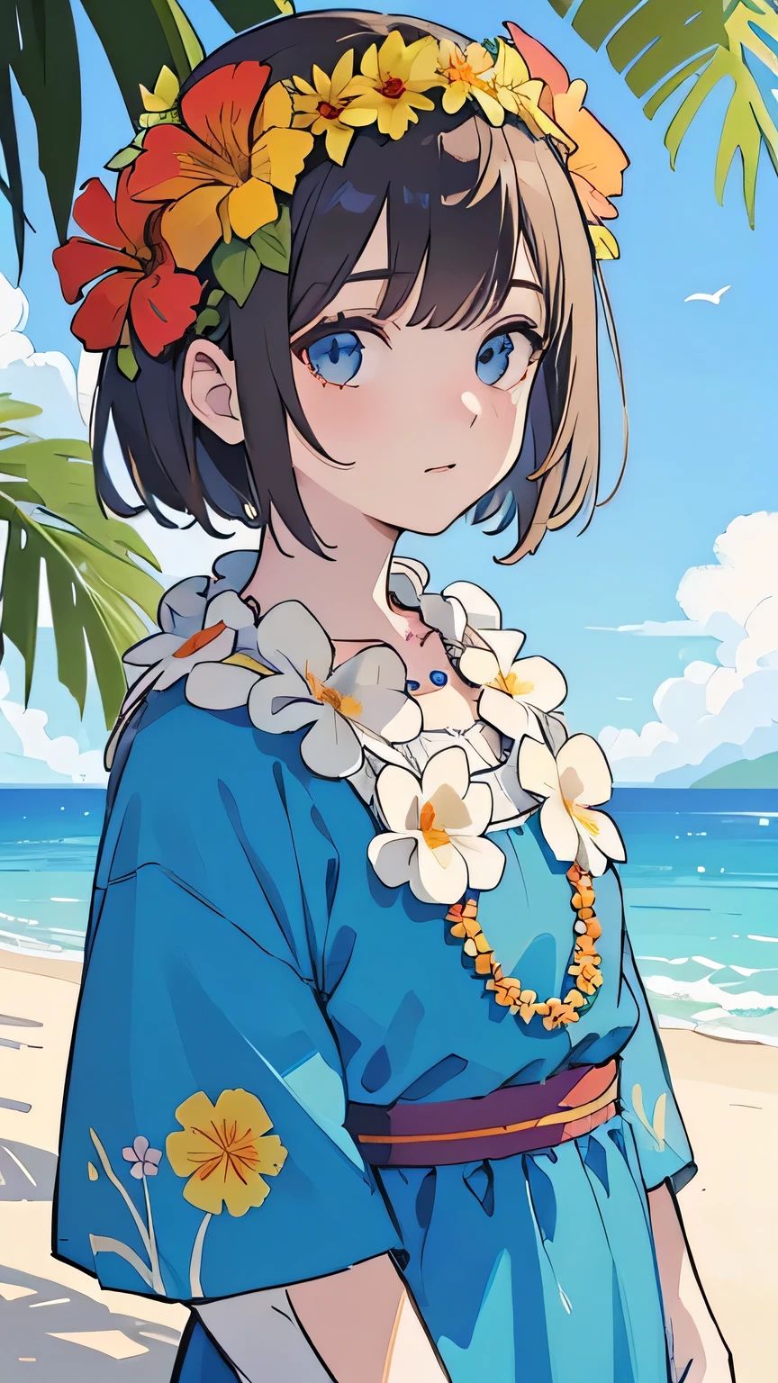 ((best quality)), ((masterpiece)), (detailed face and eyes), perfect face, Wearing a muumuu, Hawaii, flower necklace, Hawaiian dress, Hawaiian lei around neck, flower on head, at beach, mature