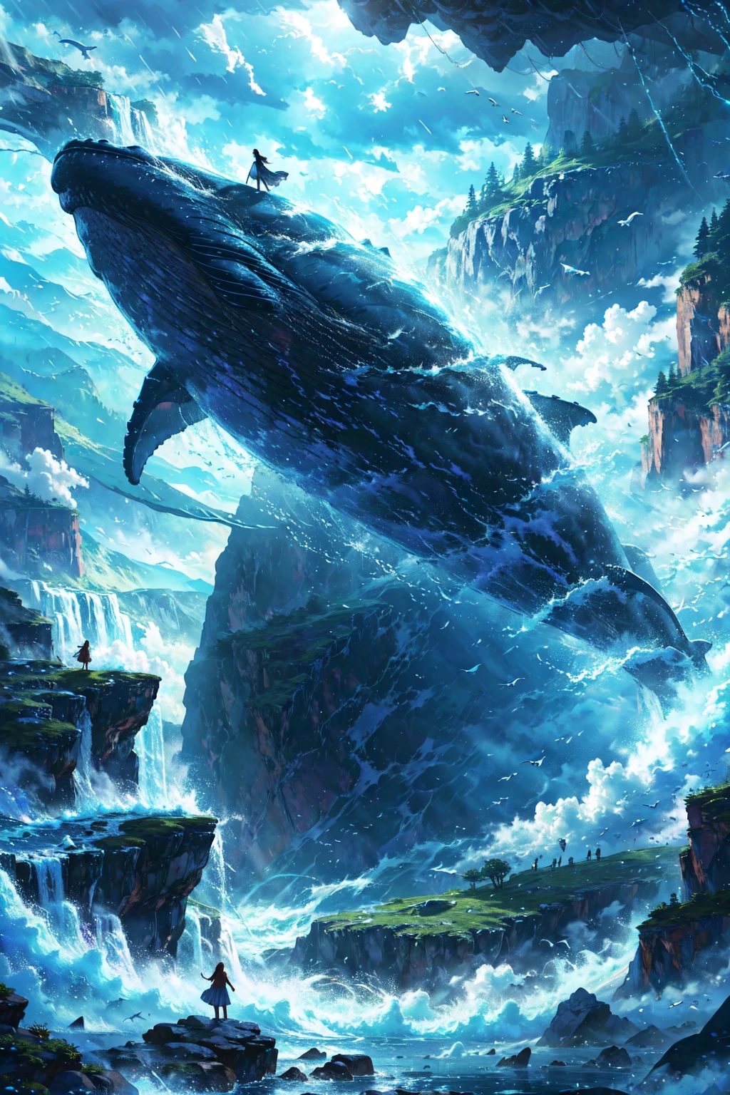 A whale dancing among steep rocky mountains,Waterfall from the back, thunderstorm, storm, Vision, Mysterious Clouds, cliff, fog, wood,dream, Fantasy, cloud, Whale, Monster, flying, when, simple, flat desinge