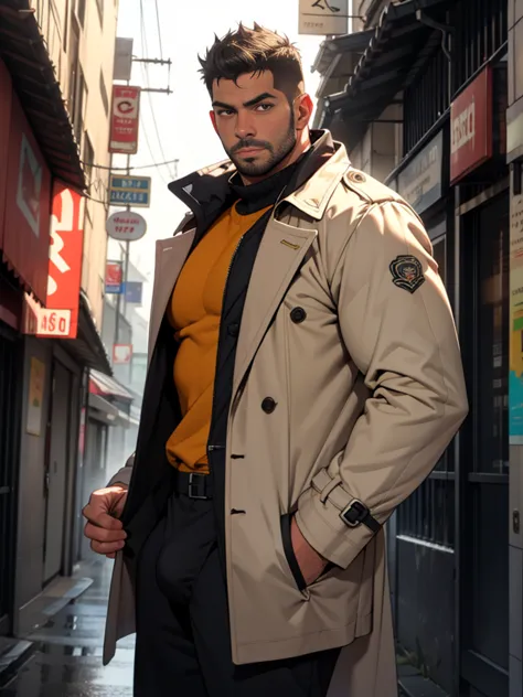 sexy mature daddy, tanned-skin, big bulge, stubble, muscular, mystery detective, foggy city street, trench coat, inquisitive gla...