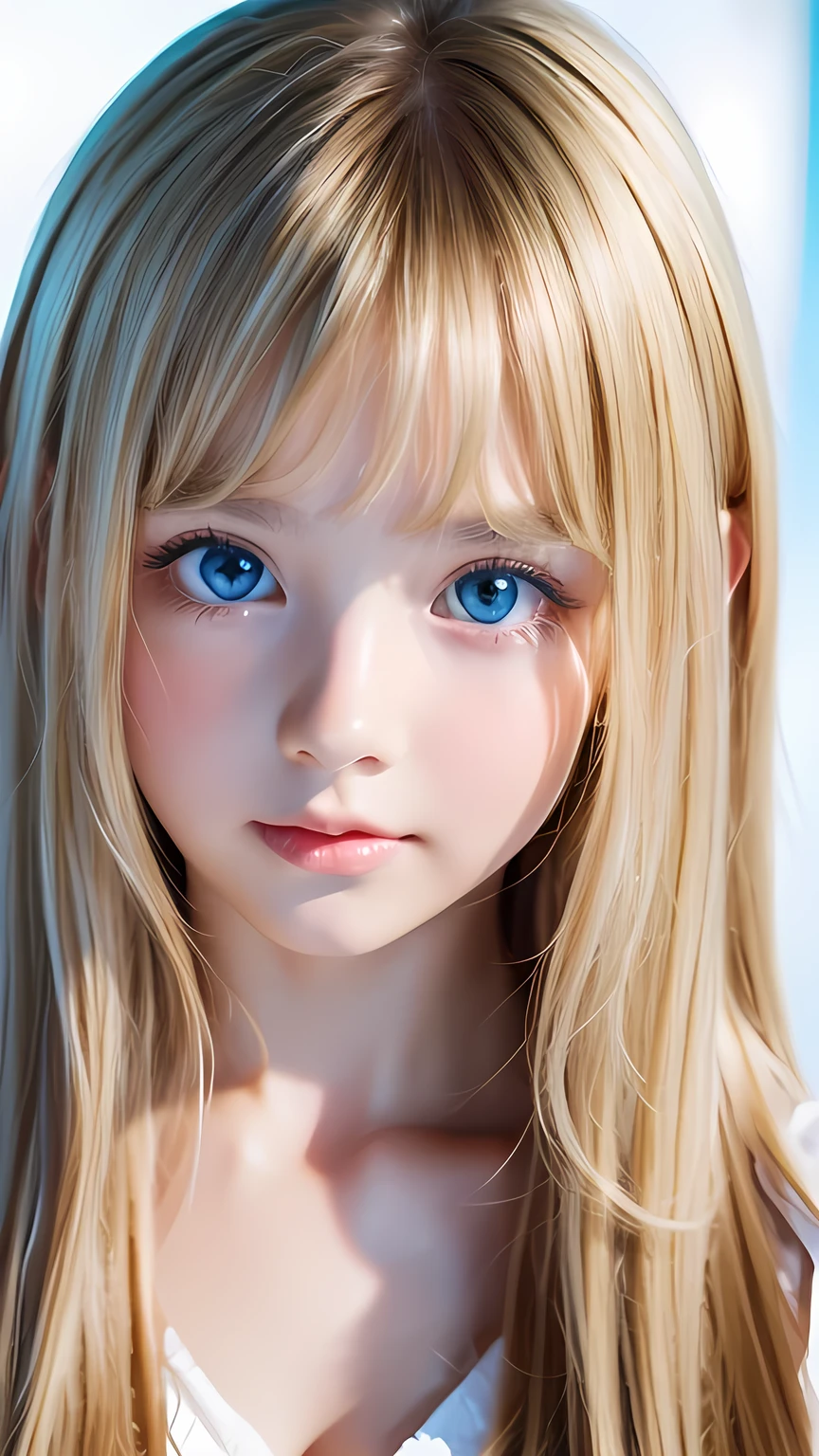 A perfectly beautiful face、Messy silky beautiful blonde hair、19 year old beautiful cute girl、Very beautiful beautiful bright pale sky blue big eyes、Very super long beautiful blonde silky shiny hair、Long beautiful bangs、Very big eyes、Small Face Beauty、eyeliner、very white shiny skin、Gloss Face、Cheek gloss、Hair above the eyes、片Hair above the eyes、Hair between the eyes、