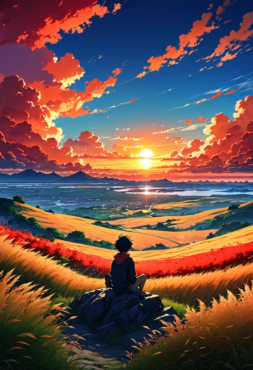 anime landscape of a boy sitting on a hill with grasses, sunset with orange and red hellish clouds, anime nature wallpapers, beautiful anime scene, beautiful anime peace scene, Makoto Shinkai Cyril Rolando, beautiful anime scene, background amazing wallpaper, anime art wallpaper 8k, anime background, art anime background, anime wallpaper 4k, anime art 4k wallpaper, anime art 4k wallpaper,