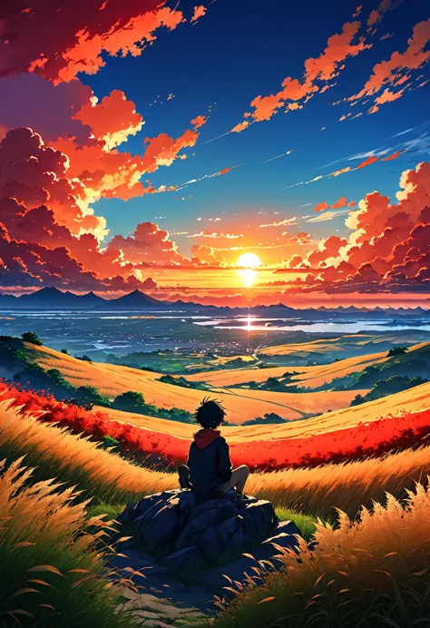 anime landscape of a boy sitting on a hill with grasses, sunset with orange and red hellish clouds, anime nature wallpapers, bea...
