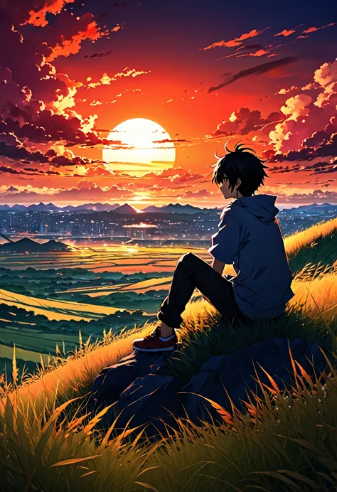 anime landscape of a boy sitting on a hill with grasses, sunset with orange and red hellish clouds, anime nature wallpapers, bea...