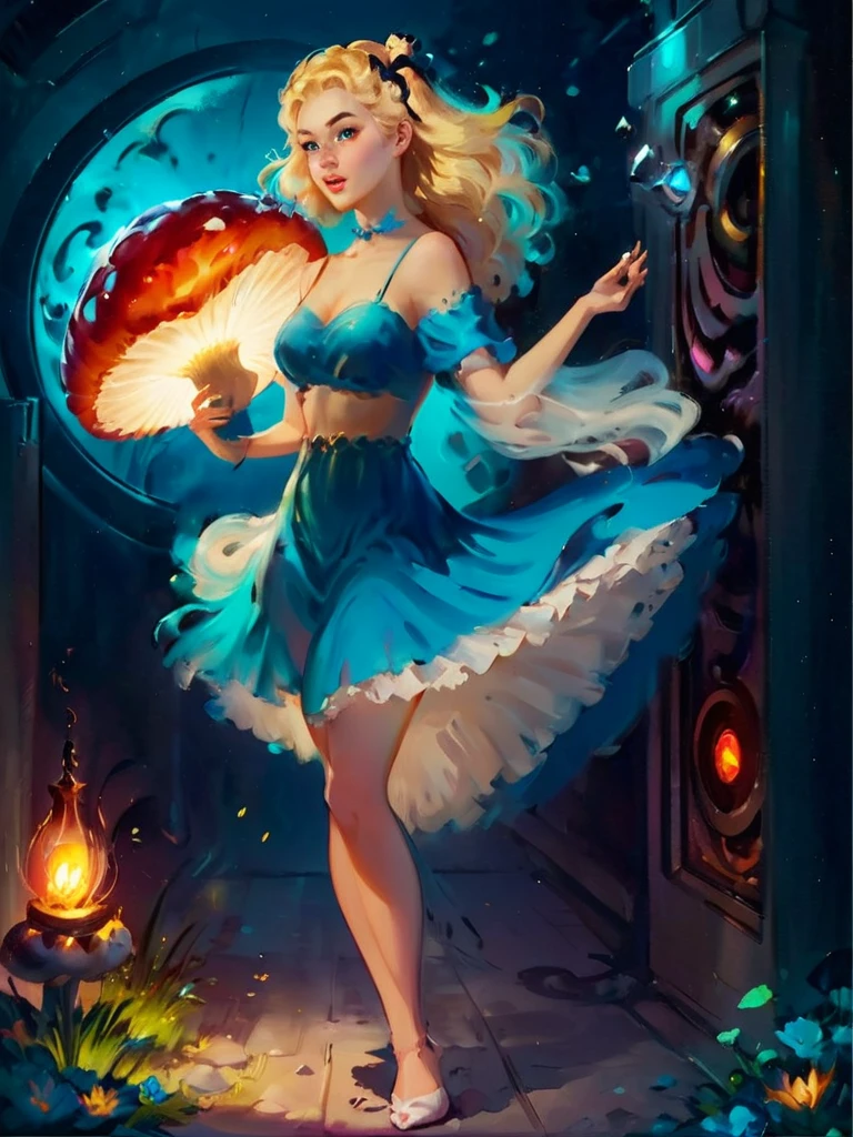 a beautiful 20 year old blonde woman with big messy hair in a blue dress, white stockings, black headband, cleavage, holding a glowing mushroom, fantasy art style, rossdraws cartoon vibrant, alice in wonderland cyberpunk, cute detailed digital art, colorfull digital fantasy art, digital fantasy art ), glossy digital painting, rossdraws pastel vibrant, rossdraws 2. 5, rossdraws 1. 0