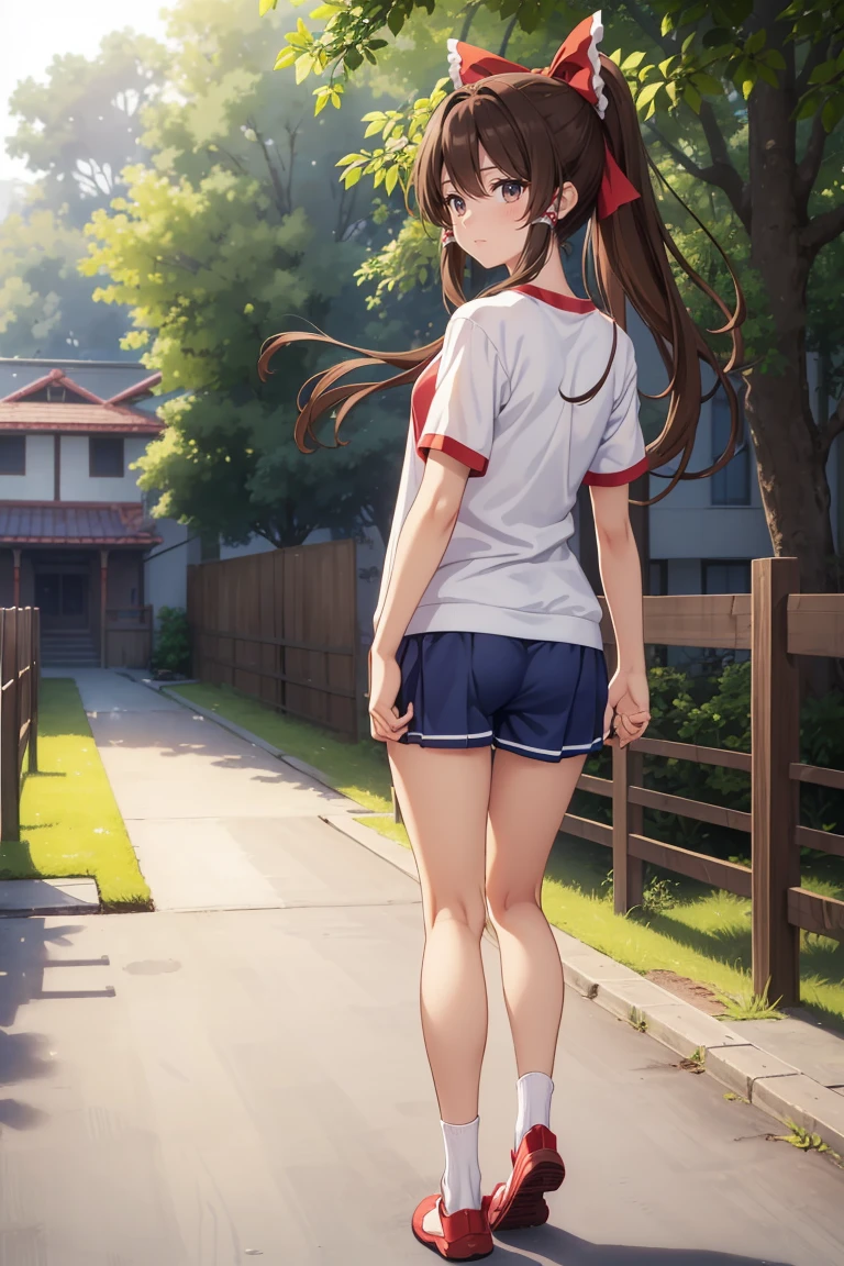 Reimu Hakurei, (Brown eyes:1.5), Brown Hair, bow, hair bow, Hair Tube, Long Hair, red bow, Side Lock, (((Slender body)))、(Navy blue cuffs and white short-sleeved gym uniform)、(Navy Blue Bloomers)、(
barefoot)、Navy blue socks、sports boots、Ground、Schoolyard、(((Backwards、look back)))、View your viewers,blush、
Full Body Shot,Smile Break (masterpiece:1.2), Highest quality, High resolution, unity 8k wallpaper, (figure:0.8), (Beautiful attention to detail), Highly detailed face, Perfect lighting, Highly detailed CG, (Perfect hands, Perfect Anatomy)