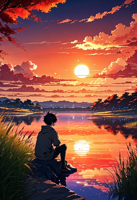 anime landscape of a boy sitting near a lake shore with small grasses, sunset with orange and red hellish clouds, anime nature w...