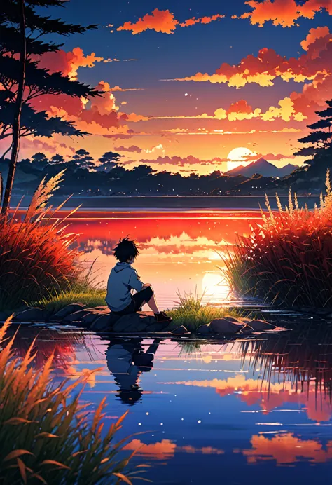 anime landscape of a boy sitting near a lake shore with small grasses, sunset with orange and red hellish clouds, anime nature w...