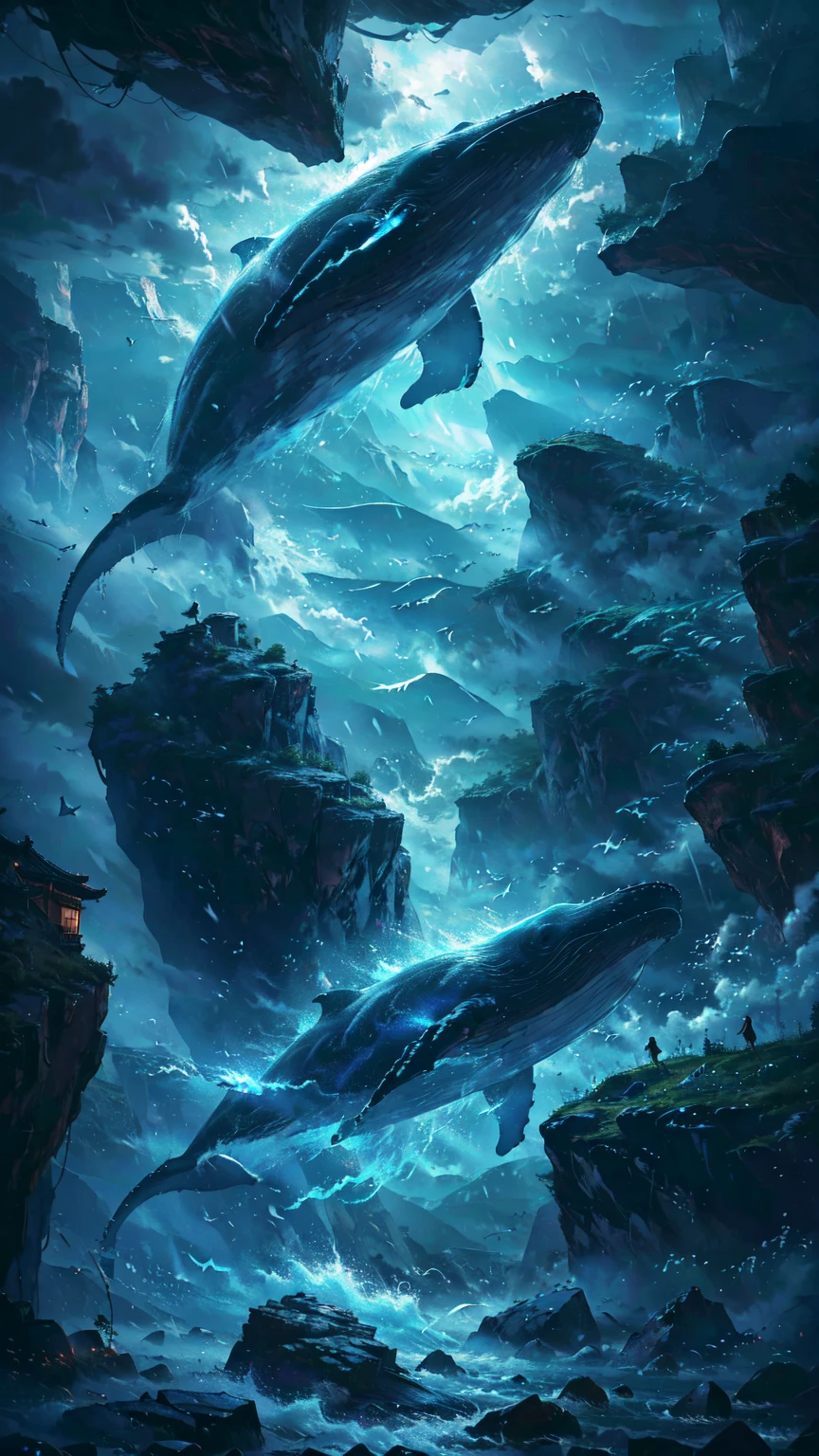 A whale dancing among steep rocky mountains, Chinese peaky rock mountain, Heavy Rain, storm, Cloudy, darkness, storm, Vision, Mysterious Clouds, cliff, fog, wood, Only the light of the lantern, Poor visibility, Whale, Monster, flying, simple, flat desinge