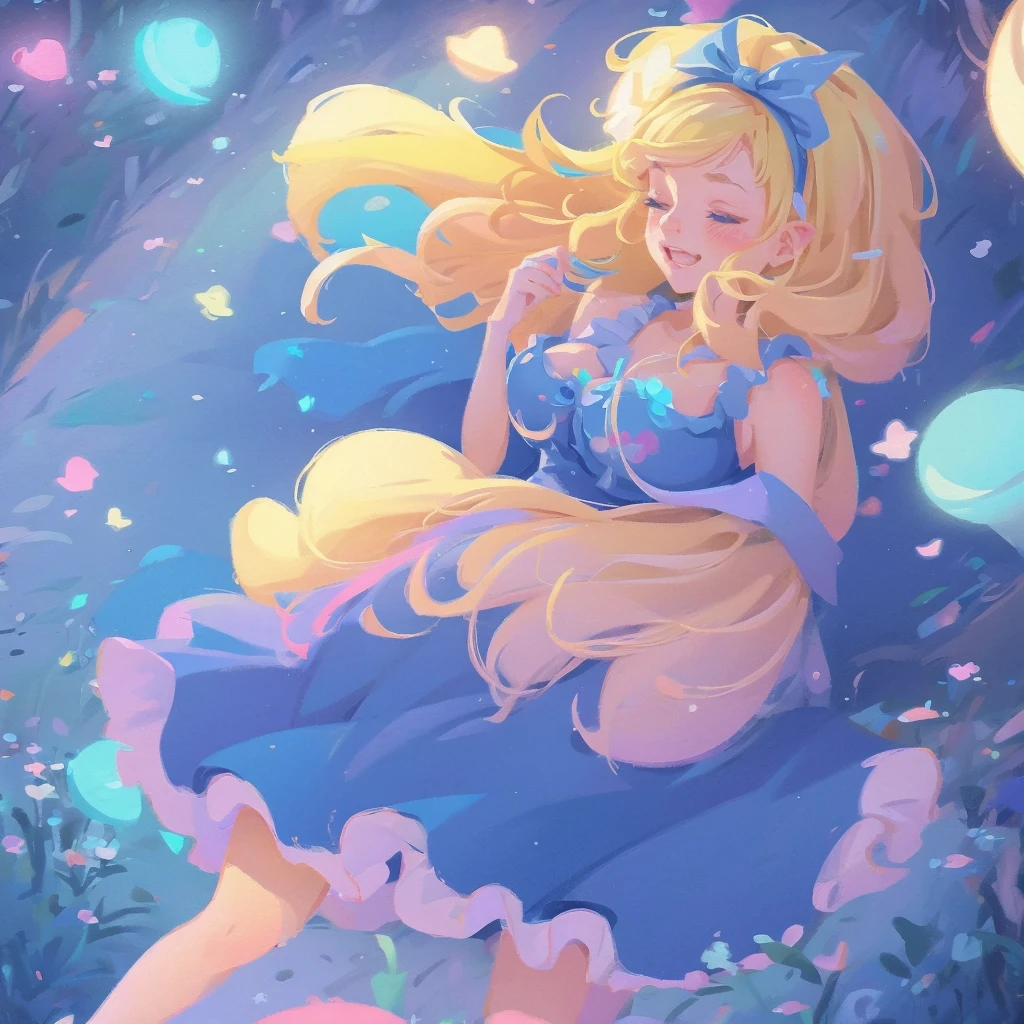 a beautiful 20 year old blonde woman with big messy hair in a blue dress, white stockings, black headband, cleavage, holding a glowing mushroom, fantasy art style, rossdraws cartoon vibrant, alice in wonderland cyberpunk, cute detailed digital art, colorfull digital fantasy art, digital fantasy art ), glossy digital painting, rossdraws pastel vibrant, rossdraws 2. 5, rossdraws 1. 0