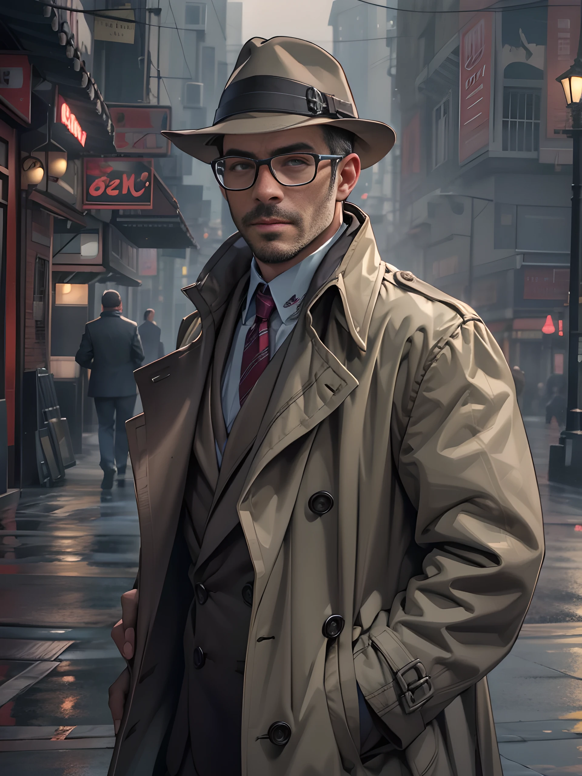 sexy mature daddy, tanned-skin, big bulge, stubble, muscular, mystery detective, foggy city street, trench coat, inquisitive glance