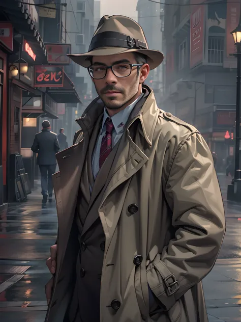 sexy mature daddy, tanned-skin, big bulge, stubble, muscular, mystery detective, foggy city street, trench coat, inquisitive gla...