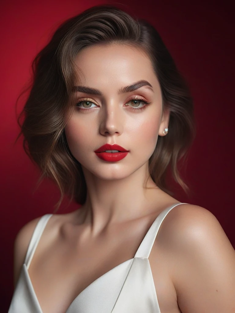 (best quality,4k,8k,highres,masterpiece:1.2),ultra-detailed,(realistic,photorealistic,photo-realistic:1.37),beautiful eyes,beautiful lips,detailed face,red lipstick,gorgeous woman,white dress,elegant fashion model,elegant look,long eyelashes,confident expression,flawless skin,posing gracefully,flowing fabric,soft and silky material,graceful movement,vibrant colors,artistic lighting,studio photo shoot, dreamy atmosphere