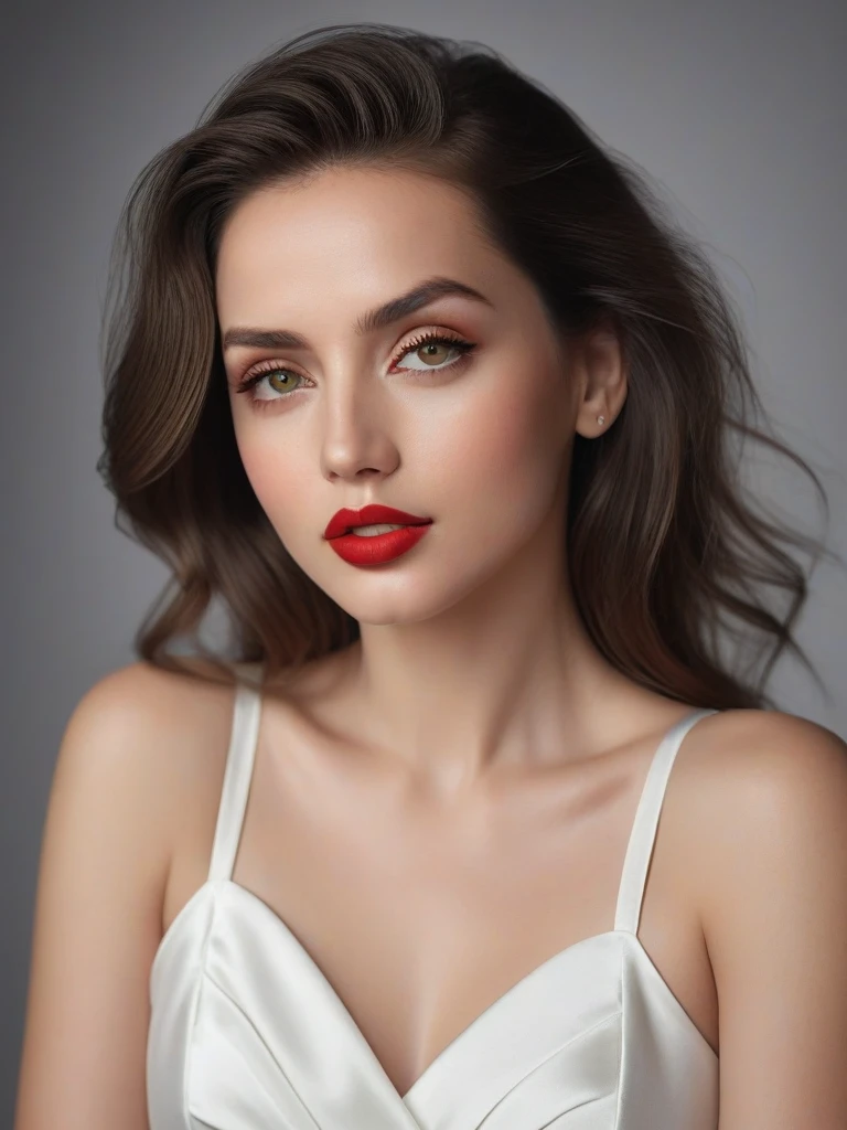 (best quality,4k,8k,highres,masterpiece:1.2),ultra-detailed,(realistic,photorealistic,photo-realistic:1.37),beautiful eyes,beautiful lips,detailed face,red lipstick,gorgeous woman,white dress,elegant fashion model,elegant look,long eyelashes,confident expression,flawless skin,posing gracefully,flowing fabric,soft and silky material,graceful movement,vibrant colors,artistic lighting,studio photo shoot, dreamy atmosphere