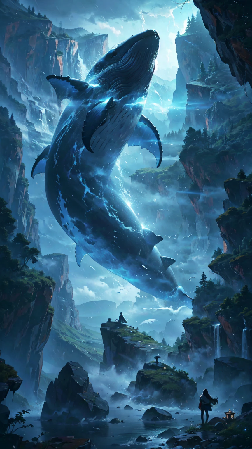 A whale dancing among steep rocky mountains,Only the huge tail fin is visible, Chinese peaky rock mountain, Heavy Rain, storm, Cloudy, darkness, storm, Vision, Mysterious Clouds, cliff,Thick Fog,Thick Fog, forest,  wood, Only the light of the lantern, Poor visibility, Whale, Monster, flying, simple, flat desinge, There is no one