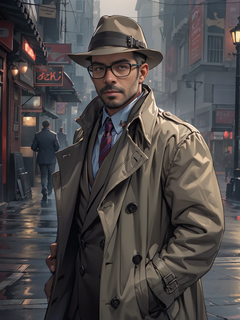 sexy mature daddy, tanned-skin, big bulge, stubble, muscular, mystery detective, foggy city street, trench coat, inquisitive glance