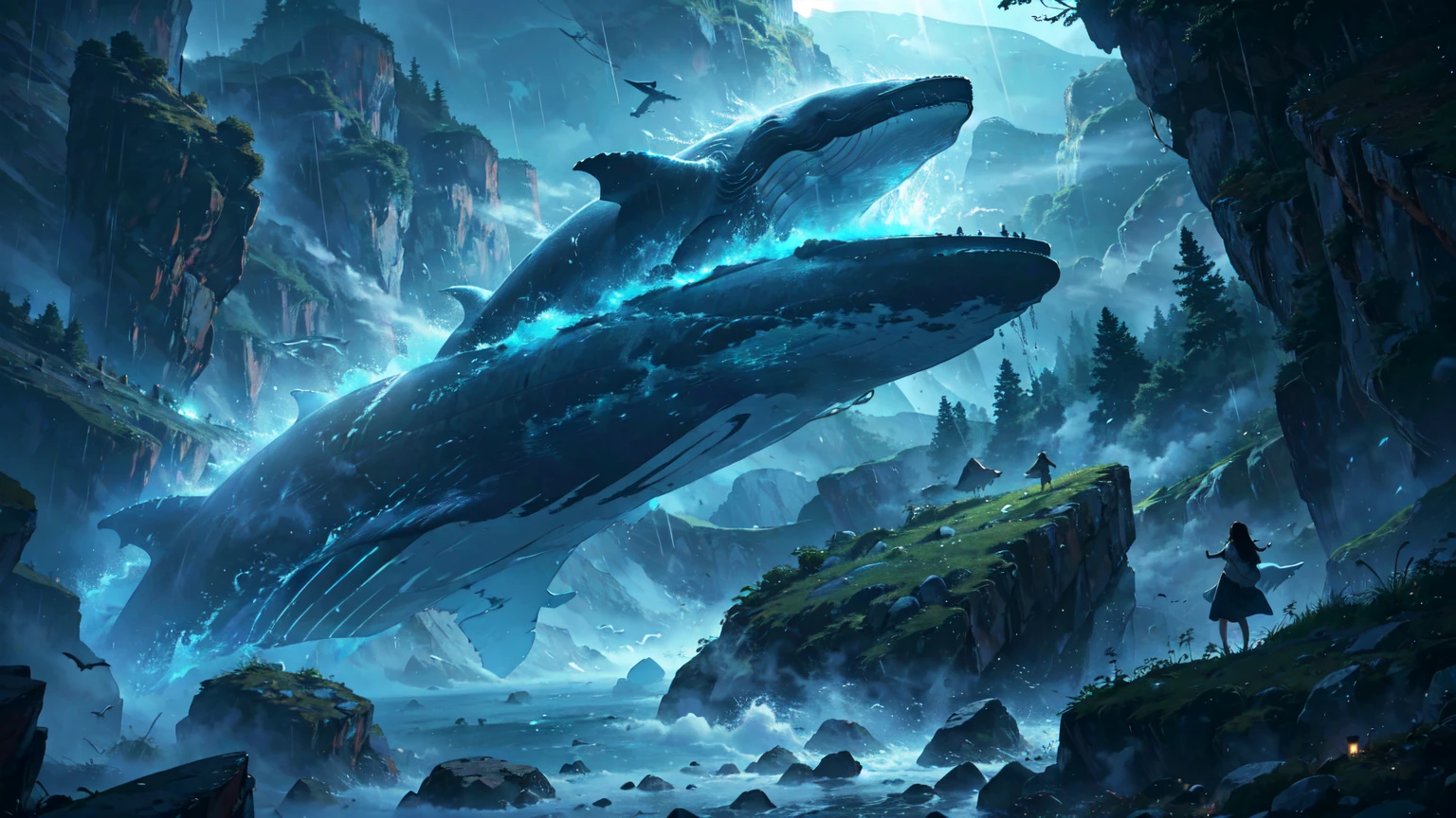 absurdres, A whale dancing among steep rocky mountains,Only the huge tail fin is visible, Very long body, Chinese peaky rock mountain, Heavy Rain, storm, Cloudy, darkness, storm, Vision, Mysterious Clouds, cliff,Thick Fog,Thick Fog, forest,  wood, Only the light of the lantern, Poor visibility, Whale, Monster, flying, simple, flat desinge, There is no one