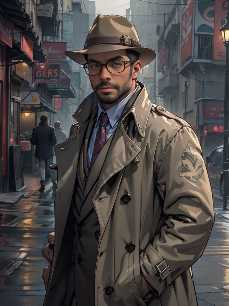 sexy mature daddy, tanned-skin, big bulge, stubble, muscular, mystery detective, foggy city street, trench coat, inquisitive glance