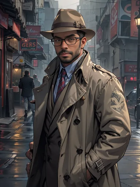 sexy mature daddy, tanned-skin, big bulge, stubble, muscular, mystery detective, foggy city street, trench coat, inquisitive gla...