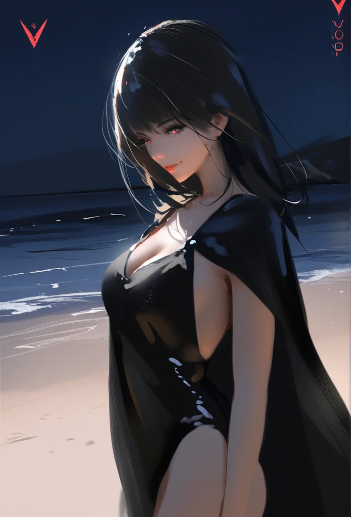 1girl, solo, wlop,
Black hair, gradient eyes, black cloak, seductive smile, 
beach, nighttime, 
masterpiece, best quality,