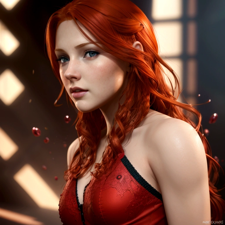 cute red head woman, full body, photorealistic, 8k sharp focus, Hyperrealistic, splash art, concept art, mid shot, intricately detailed, color depth, dramatic, 2/3 face angle, side light, colorful background