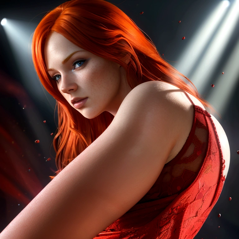 cute red head woman, full body, photorealistic, 8k sharp focus, Hyperrealistic, splash art, concept art, mid shot, intricately detailed, color depth, dramatic, 2/3 face angle, side light, colorful background