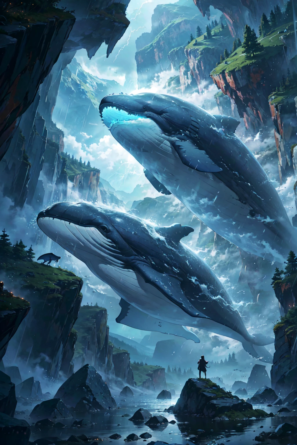 absurdres, A whale dancing among steep rocky mountains,Only the huge tail fin is visible, Very long body, Chinese peaky rock mountain, Heavy Rain, storm, Cloudy, darkness, storm, Vision, Mysterious Clouds, cliff,Thick Fog,Thick Fog, forest,  wood, Only the light of the lantern, Poor visibility, Whale, Monster, flying, simple, flat desinge, There is no one