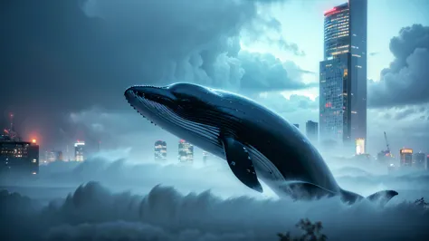 absurdres, a whale flying between skyscrapers,only the huge tail fin is visible, amazing person々, heavy rain, storm, cloudy, dar...