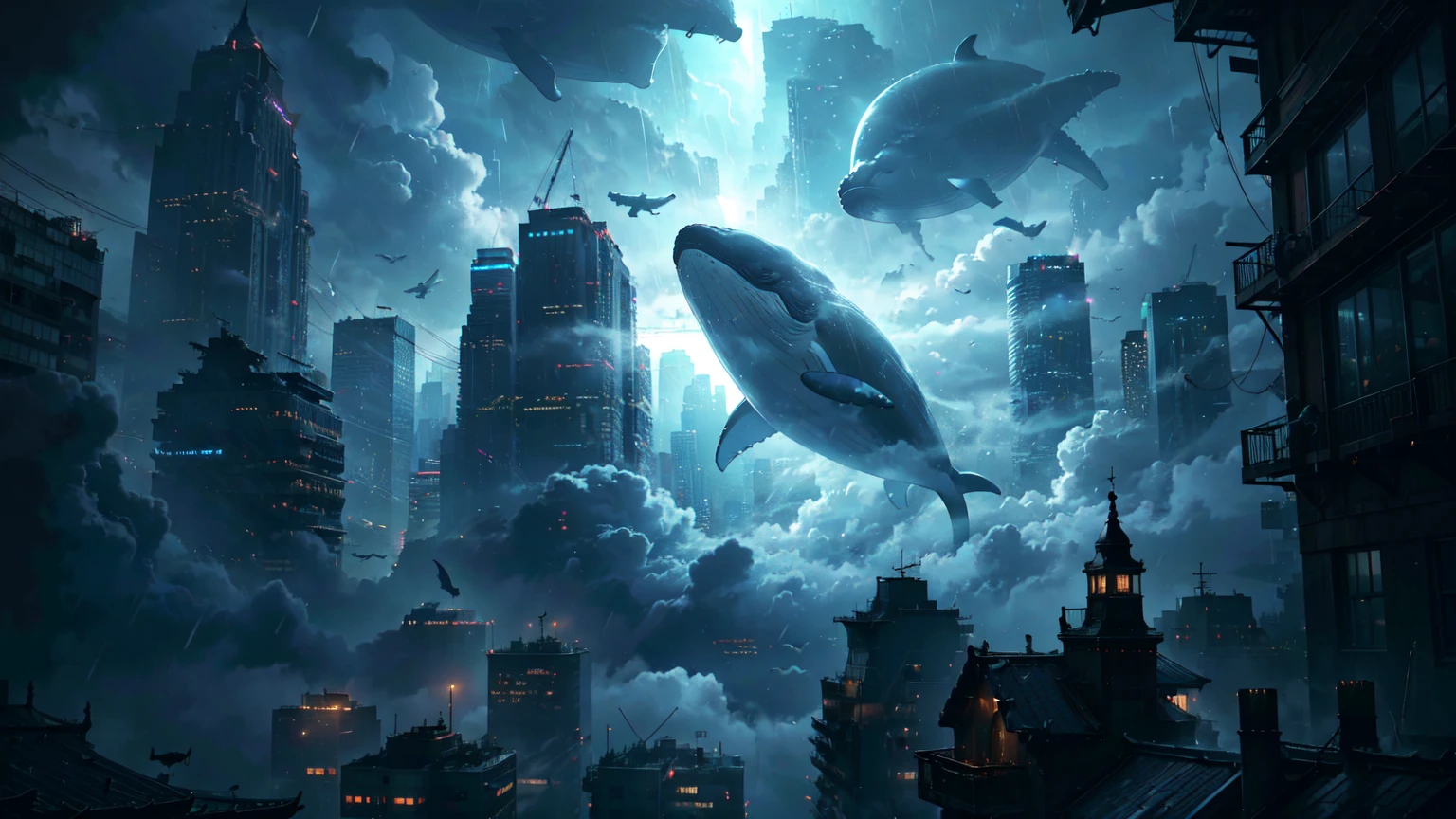 absurdres, A whale flying between skyscrapers,Only the huge tail fin is visible, Amazing person々, Heavy Rain, storm, Cloudy, darkness, storm, Vision, Mysterious Clouds, cliff,Thick Fog,Thick Fog, forest,  wood, Only light from the window, Poor visibility, Whale, Monster, flying, simple, flat desinge, 