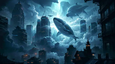 absurdres, a whale flying between skyscrapers,only the huge tail fin is visible, amazing person々, heavy rain, storm, cloudy, dar...